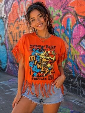 Nickelodeon‎ TMNT Michelangelo Orange Reworked Fringe Tee Women’s Large
